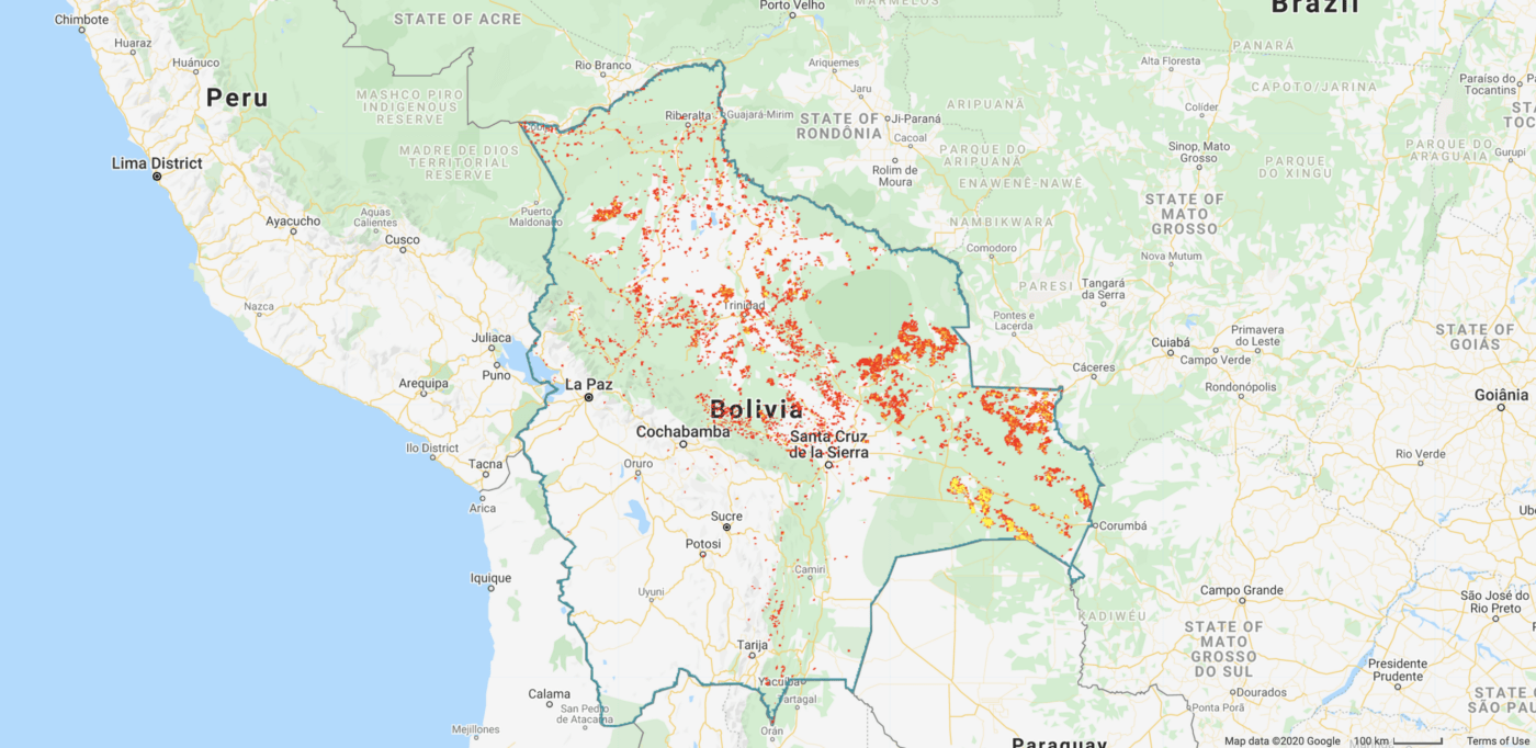 Aggregated fire hot spots in Bolivia, 01 Sep 2019–30 Sep 2019, FIRMS dataset