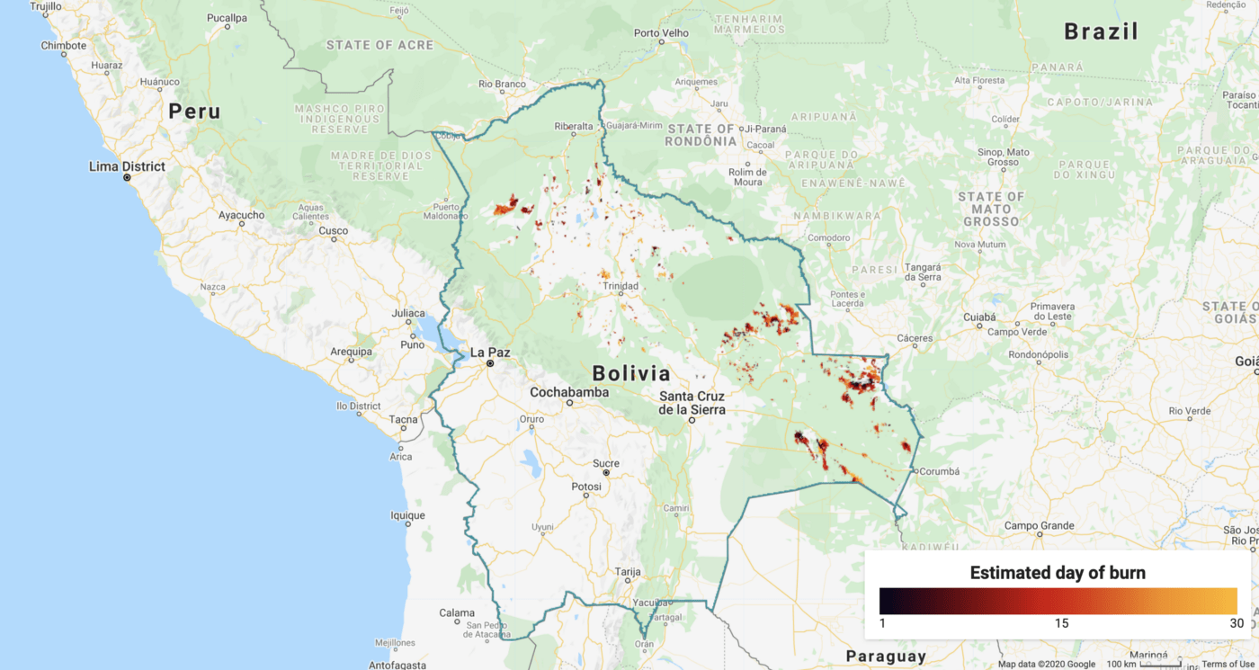 Burned pixels in Bolivia, 01 Sep 2019–30 Sep 2019, FireCCI551 dataset